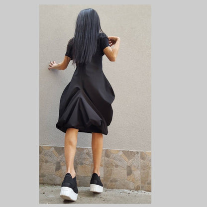 Party Woman Short Long Dress/Short Sleeve Tunic/Cotton Dress/Asymmetric Short Long Dress/Avant-Garde Tunic Dress/Extravagant Black Dress