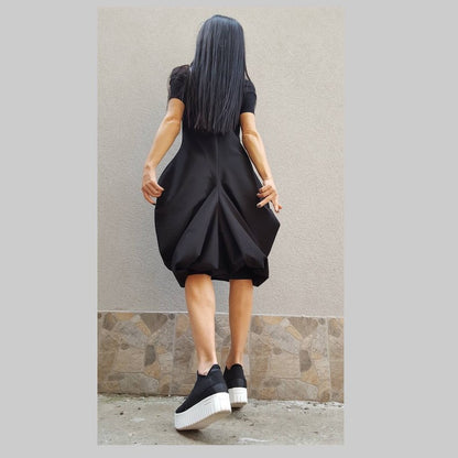 Party Woman Short Long Dress/Short Sleeve Tunic/Cotton Dress/Asymmetric Short Long Dress/Avant-Garde Tunic Dress/Extravagant Black Dress