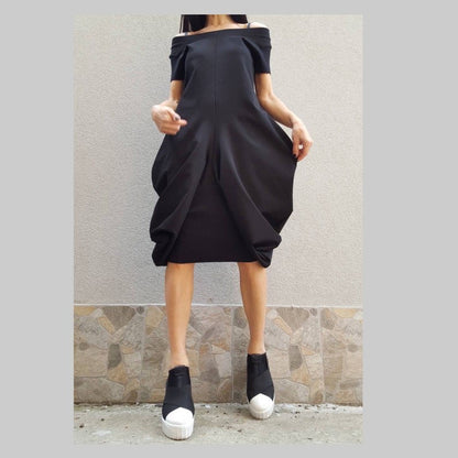 Party Woman Short Long Dress/Short Sleeve Tunic/Cotton Dress/Asymmetric Short Long Dress/Avant-Garde Tunic Dress/Extravagant Black Dress