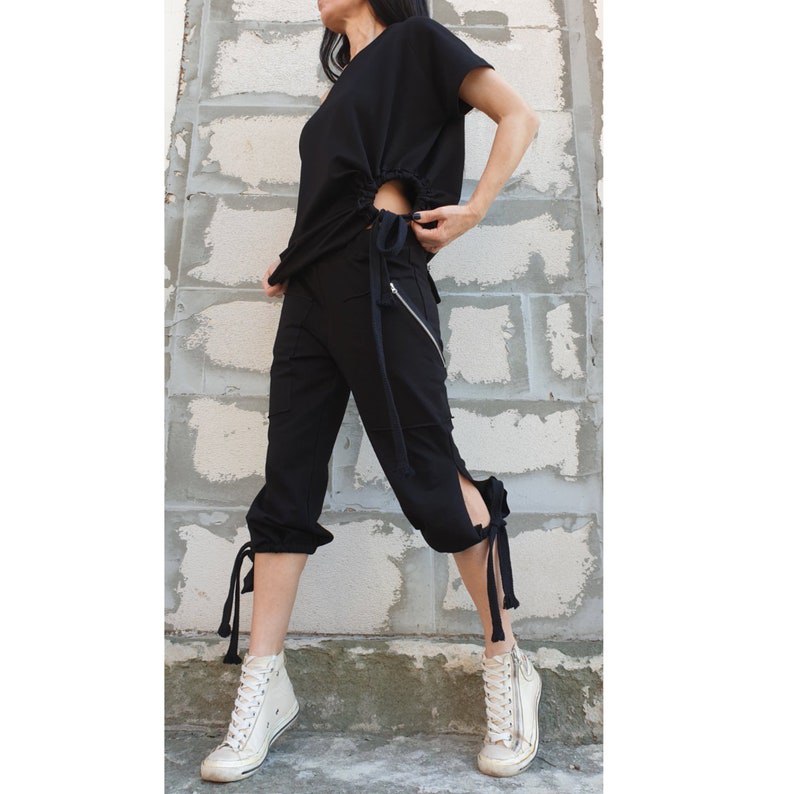 Casual Comfortable Black Set/Outwear Woman Outfit/Two Piece Cotton Set/Asymmetric Cotton Blouse/Extravagant Zipper Short Pants