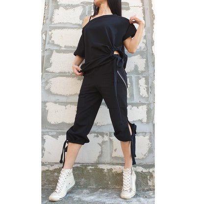 Casual Comfortable Black Set/Outwear Woman Outfit/Two Piece Cotton Set/Asymmetric Cotton Blouse/Extravagant Zipper Short Pants