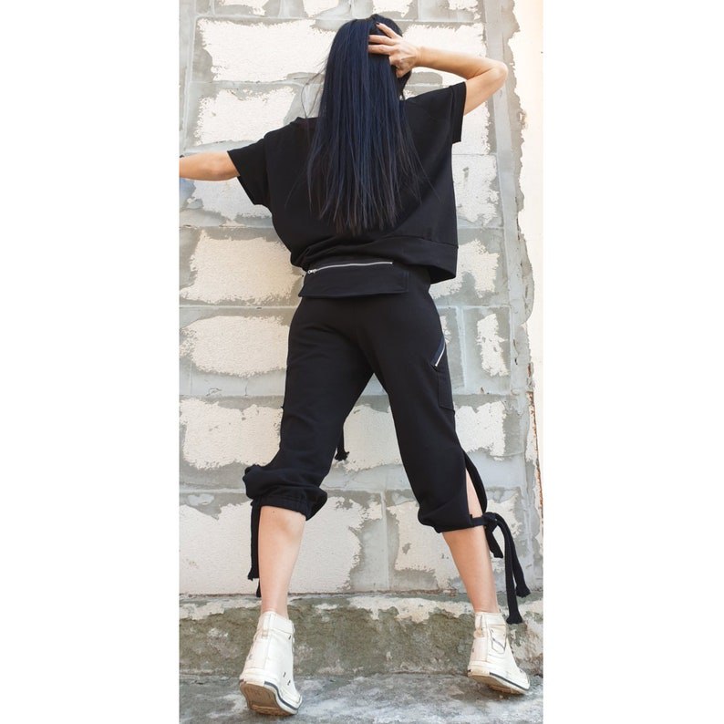 Casual Comfortable Black Set/Outwear Woman Outfit/Two Piece Cotton Set/Asymmetric Cotton Blouse/Extravagant Zipper Short Pants