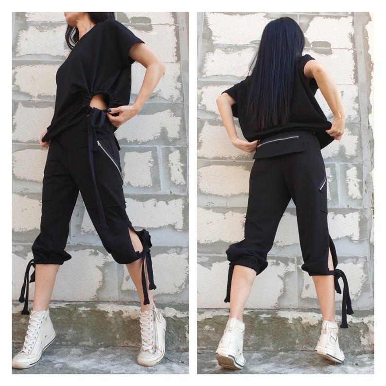 Casual Comfortable Black Set/Outwear Woman Outfit/Two Piece Cotton Set/Asymmetric Cotton Blouse/Extravagant Zipper Short Pants