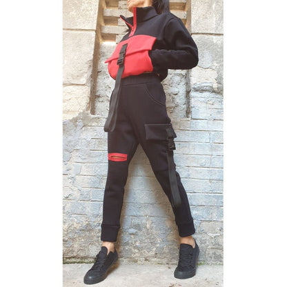 New Collection Outwear Woman Outfit/Extravagant Pants Blouse Set/Winter Two Piece Set/Casual Warm Black Red Set/Outer Pocket Pants Top Set