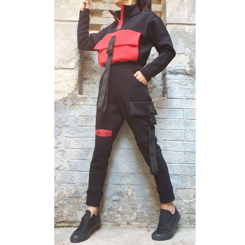 New Collection Outwear Woman Outfit/Extravagant Pants Blouse Set/Winter Two Piece Set/Casual Warm Black Red Set/Outer Pocket Pants Top Set