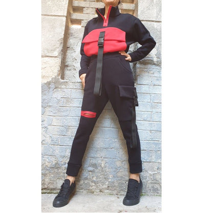 New Collection Outwear Woman Outfit/Extravagant Pants Blouse Set/Winter Two Piece Set/Casual Warm Black Red Set/Outer Pocket Pants Top Set