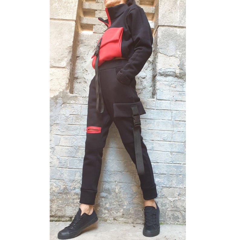 New Collection Outwear Woman Outfit/Extravagant Pants Blouse Set/Winter Two Piece Set/Casual Warm Black Red Set/Outer Pocket Pants Top Set