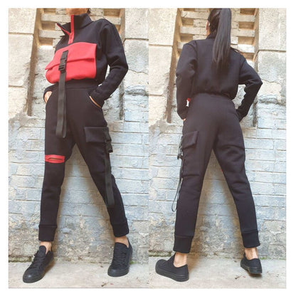 New Collection Outwear Woman Outfit/Extravagant Pants Blouse Set/Winter Two Piece Set/Casual Warm Black Red Set/Outer Pocket Pants Top Set