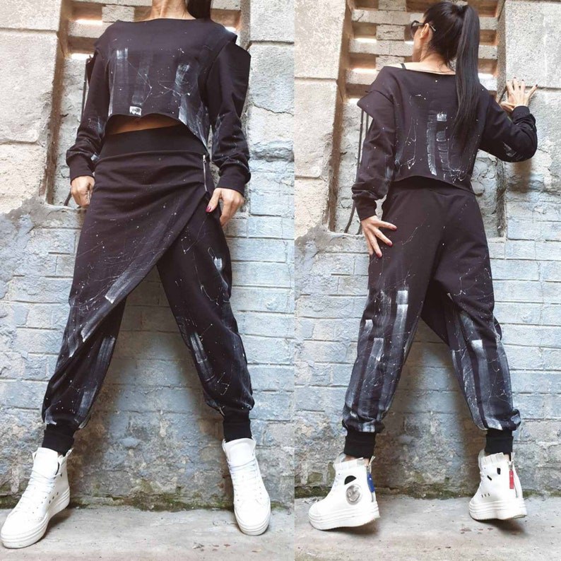 Two Piece Hand Painted Set/Extravagant Cotton Set/Asymmetric Pants Blouse Set/Long Sleeve Hand Painted Top/Casual Black Trousers