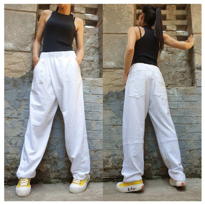 Everyday Cotton Long Pants/Casual Comfortable Pants/Extravagant White Pants/Side Pocket Pants/Urban Woman Clothing/Maxi White Pants