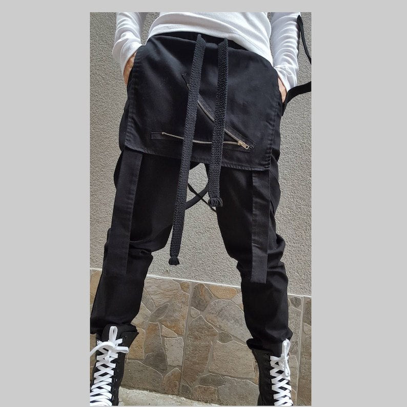 Loose Asymmetric Pants/Casual Comfortable Pants/Extravagant Black Pants/Casual Cotton Pants/Gothic Pants/Everyday Long Trousers