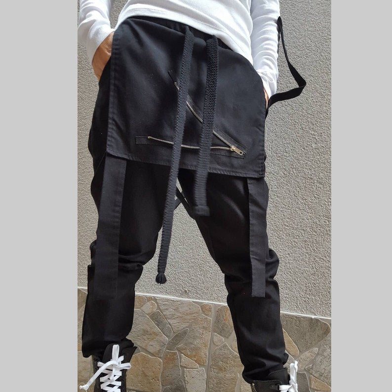 Loose Asymmetric Pants/Casual Comfortable Pants/Extravagant Black Pants/Casual Cotton Pants/Gothic Pants/Everyday Long Trousers