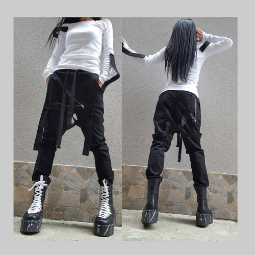 Loose Asymmetric Pants/Casual Comfortable Pants/Extravagant Black Pants/Casual Cotton Pants/Gothic Pants/Everyday Long Trousers