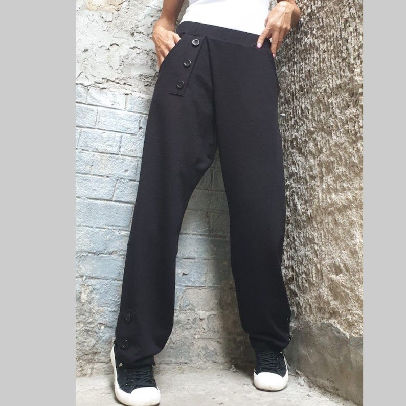 Casual Comfortable Pants/Wide Leg Track/Loose Cotton Pants/Everyday Women Pants/Sport Elegant Pants/Extravagant Black Long Pants/Trousers