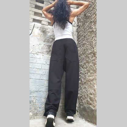 Casual Comfortable Pants/Wide Leg Track/Loose Cotton Pants/Everyday Women Pants/Sport Elegant Pants/Extravagant Black Long Pants/Trousers