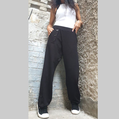 Casual Comfortable Pants/Wide Leg Track/Loose Cotton Pants/Everyday Women Pants/Sport Elegant Pants/Extravagant Black Long Pants/Trousers