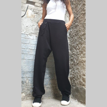 Casual Comfortable Pants/Wide Leg Track/Loose Cotton Pants/Everyday Women Pants/Sport Elegant Pants/Extravagant Black Long Pants/Trousers