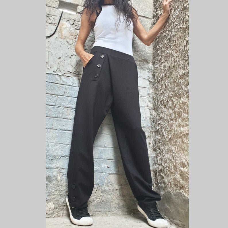 Casual Comfortable Pants/Wide Leg Track/Loose Cotton Pants/Everyday Women Pants/Sport Elegant Pants/Extravagant Black Long Pants/Trousers