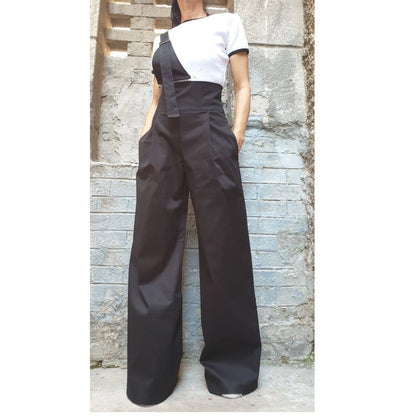 New Collection Extravagant Pants/High Waist Long Pants/Side Pocket Pants/Cotton Black Pants/Trouser With Ornament across One Shoulder